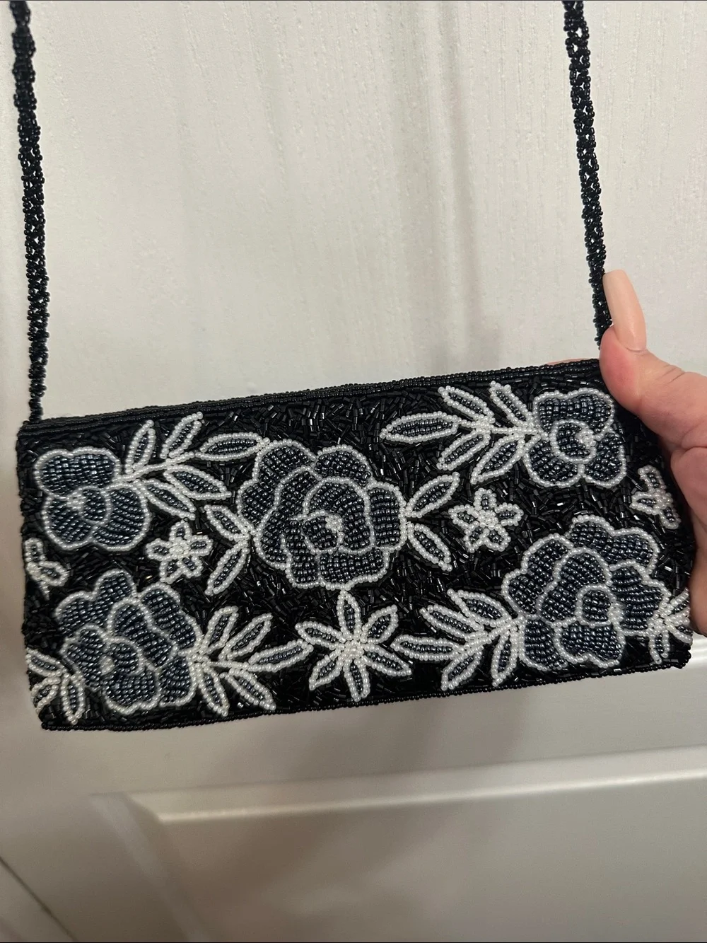 Vintage Black Clutch with White Floral Beading